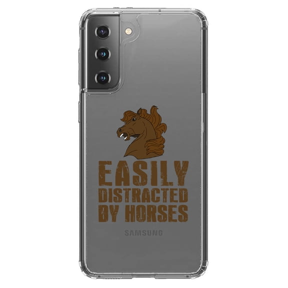 DistinctInk Clear Shockproof Hybrid Case for Galaxy S21 5G (6.2" Screen) - TPU Bumper Acrylic Back Tempered Glass Screen Protector - Easily Distracted By Horses