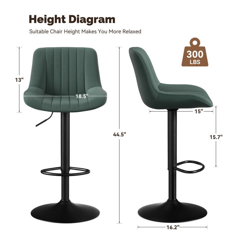 Daluvenix Adjustable Bar Stools Set of 4, Swivel Kitchen Bar Chairs with Back, Modern Tech Fabric Island Chairs for Home Kitchen, Green