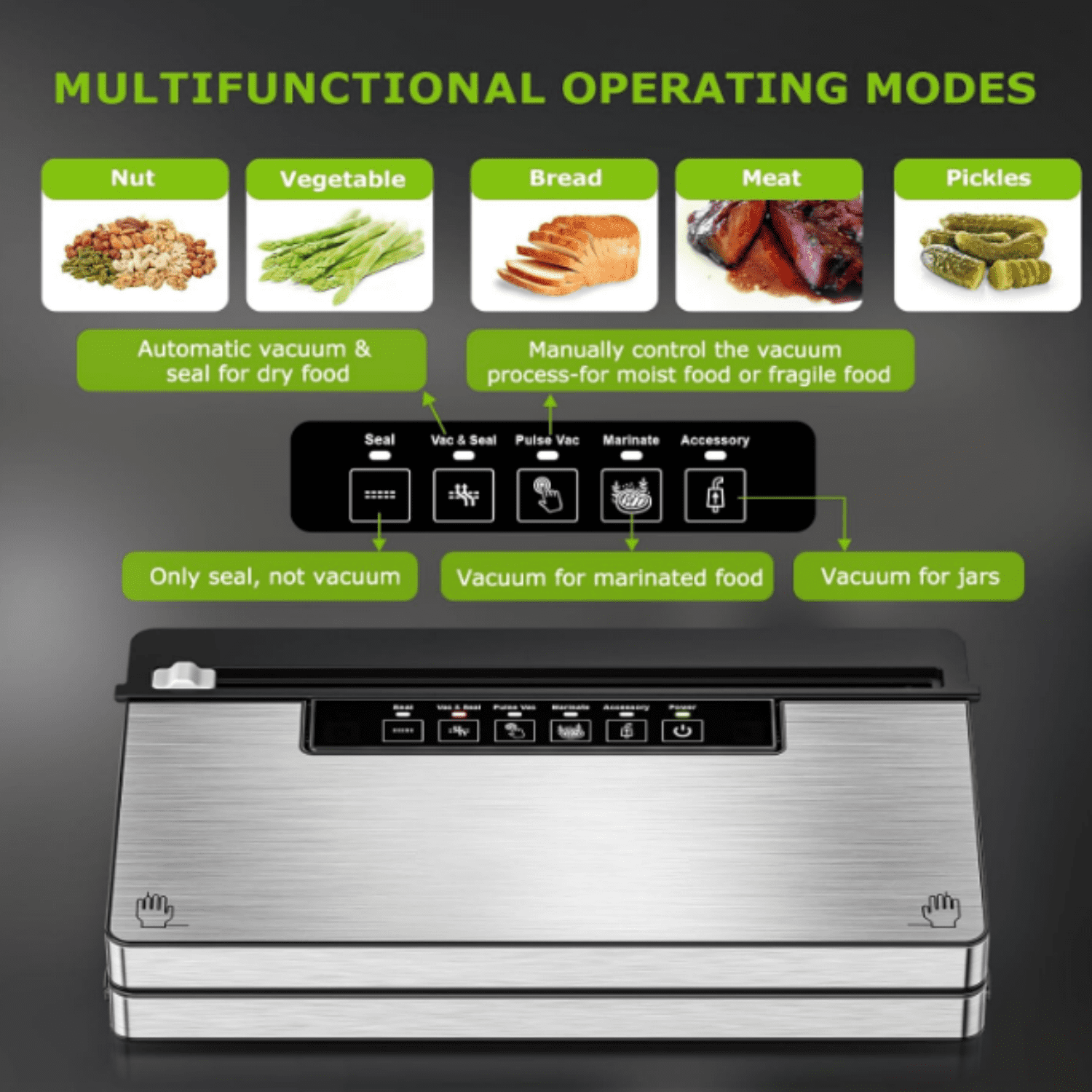 Vacuum Sealer Machine, Stainless Steel Food Sealer Vacuum Sealers with 100 Bags & 1 Roll Bag, 5 Food Vacuum Modes, Built-in Cutter & Bag Storage, Silver-Black