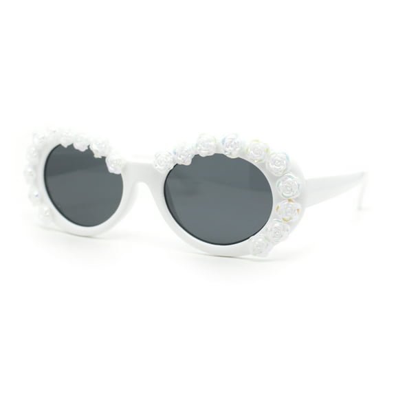 Womens Iridescent Rose Flower Stud Oval Mod Fashion Sunglasses White - Black