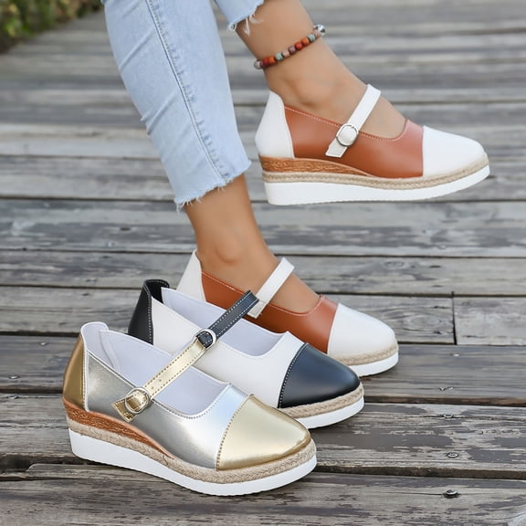 Hinvhai Women's Ankle Strap Round Closed Toe Espadrilles Wedges Heel Dress Shoes Silver 9.5(43)