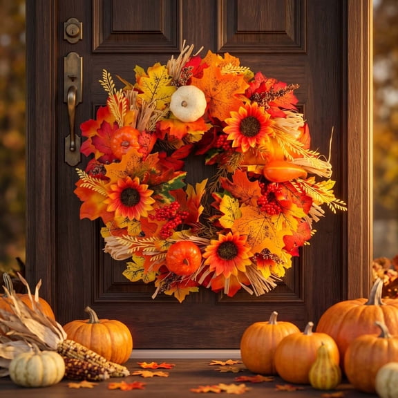 HHJZPR Artificial Fall Wreath with Pumpkins Maple Leaves Sunflowers Berries, Autumn Harvest Front Door Wreath, 15.75 Inch Thanksgiving Farmhouse Decor