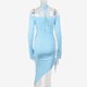 thumbnail image 5 of Vestido De Manga Larga Vestido ajustado para damas Flor 3D Cordón Cuello oblicuo Color sólido Traje de vacaciones Ygjytge Azul M para Mujer, 5 of 9