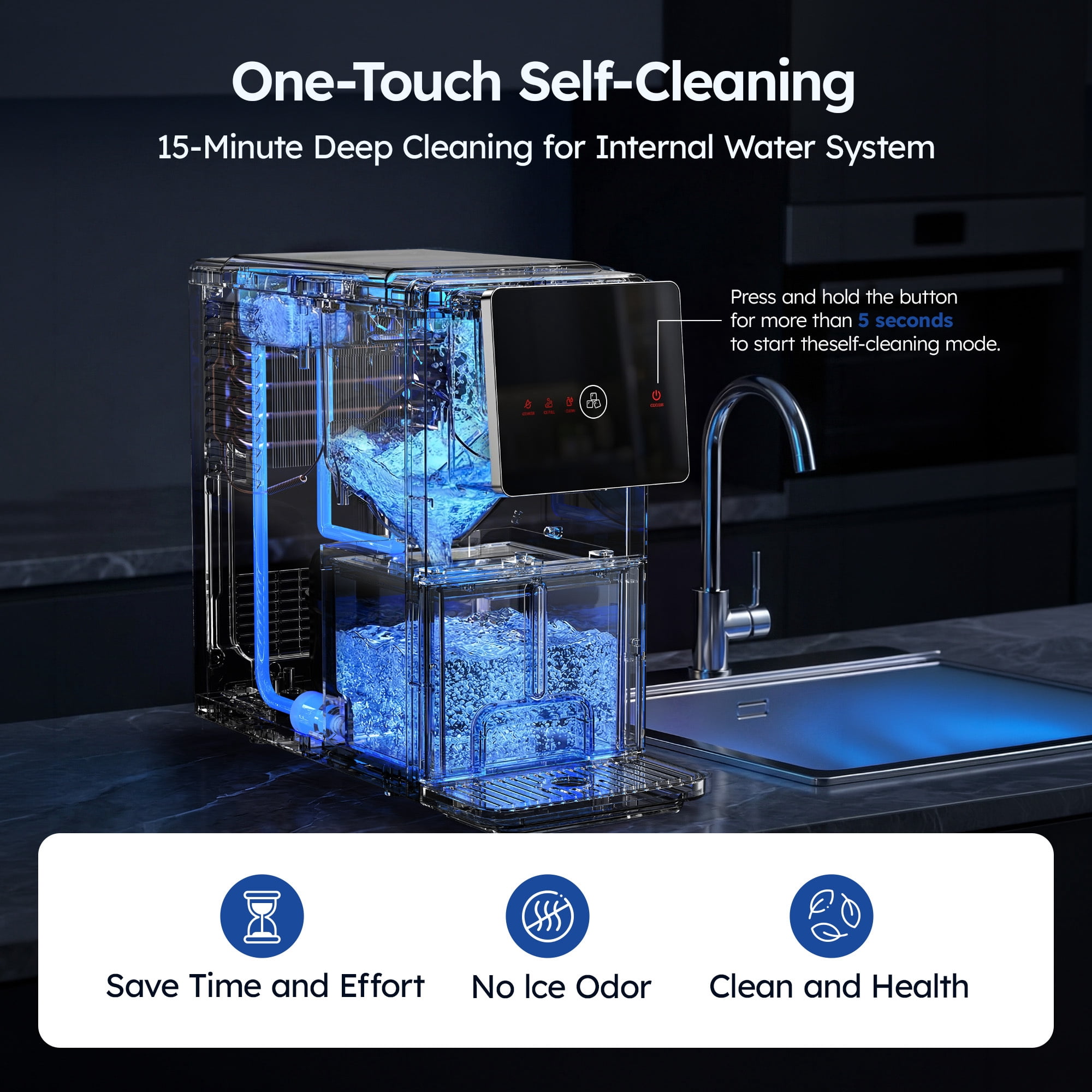 Simzlife Countertop Nugget Ice Maker - 33lbs/24h Chewable Sonic Pellet Ice Machine, 1.8L Removable Tank, Auto Self-Cleaning & Smart Measured Dispensing for Home, Office, Party