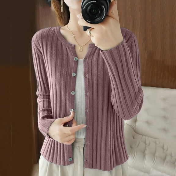 Women's Sweaters and Cardigans with Pockets Solid Color Long Sleeved Round Neck Button Knit Sweater With Stripe Sweater Top
