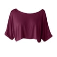 thumbnail image 3 of Crop Tops for Women Boat Neck Elbow-Length Cropped T-Shirt Solid Color Oversized Tee Shirts, Wine L, 3 of 6