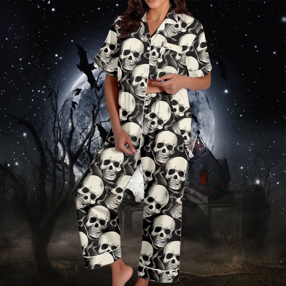 Womens Halloween Pajamas Satin Loungewear Short Sleeve Top with Long Pants Soft Nightwear Ensemble Pajamas for Women Black XXL