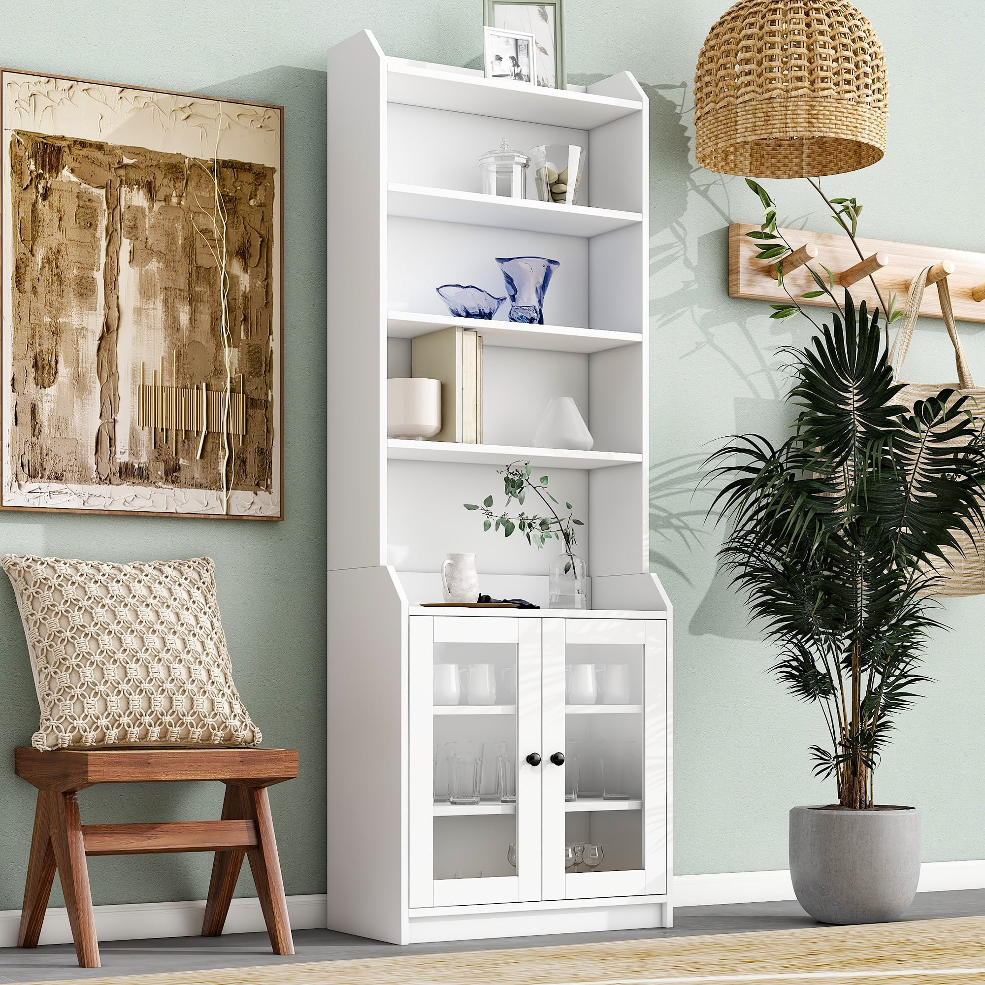 MAYEERTY Elegant Tall Cabinet with Acrylic Door - Contemporary Bookshelf & Sideboard for Living Room, White