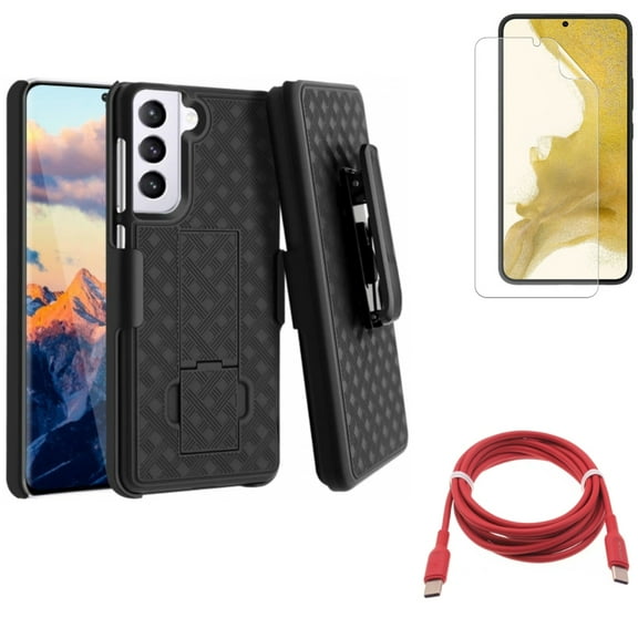 For Samsung Galaxy S21 (6.2") - Swivel Holster Case Belt Clip   Anti-Glare TPU Film Matte Screen Protector   PD Fast Charger USB-C to Type-C Red 6ft Long Cable