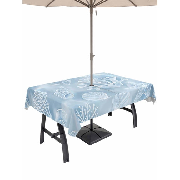 Outdoor Tablecloth with Umbrella Hole for Patio/Picnic/Party/Camping, Ocean Shells Waterproof Table Cloth Rectangle Table Cover Washable, Watercolor Blue Summer Coastal Starfish Conch (60"x 102")