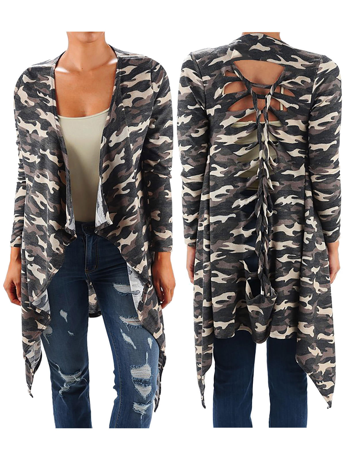 HOOUDO Cardigans for Women Camouflage Printed Long Sleeve Open Front Trench Lightweight Long Cardigan Jacket Coat with Pockets Plus Size