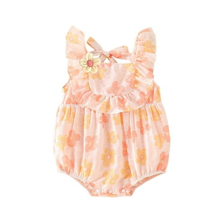 

Baby Girl Floral Pattern Ruffle Sleeveless Back Lacing Baby Romper Summer Baby Climbing Clothes 6-12 Months