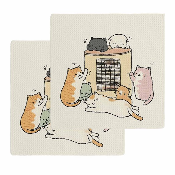Beige Cute Cat Kitchen Dish Towels for Drying Dishes Set of 2, Cartoon Funny Heater Cats Waffle Weave Microfiber Hand Tea Bathroom Towels Quick Dry & Absorbent Towel 12x12