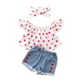 thumbnail image 2 of ITSAME Girls Outfit 3-Piece(2-7T), Heart Print Ruffle Sleeve Pullover Top and Denim Shorts with Heart Print Headscarf Summer Stylish Casual Sets Red 4-5T, 2 of 6