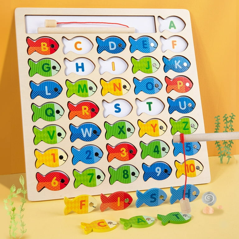 Ikoopy 36pcs Magnetic Educational Wooden Fishing Game Toys for Toddlers Boys Girls Kids Alphabet Fish Catching Counting Games Puzzle Numbers Letter