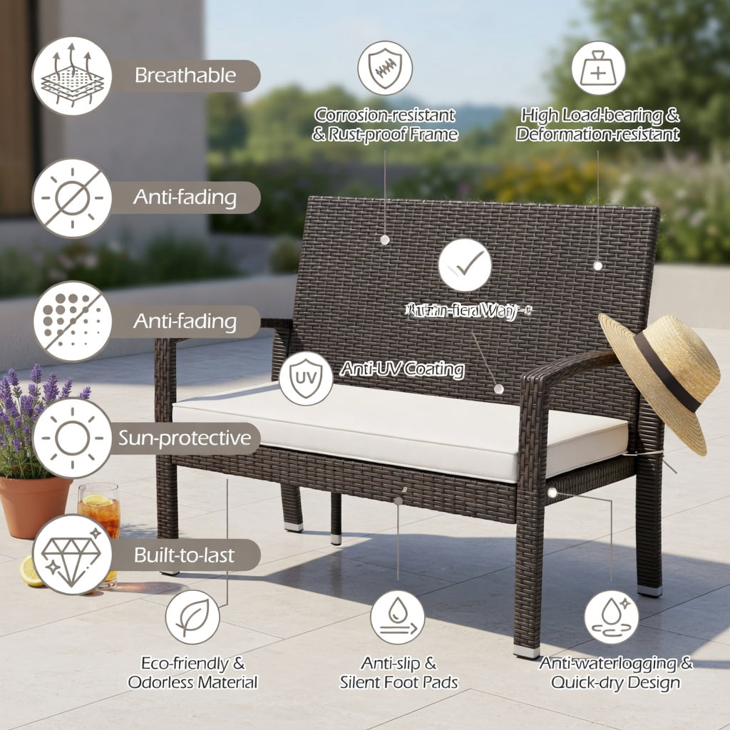 Hommoo 2-Seat Outdoor Wicker Loveseat Bench with Removable Off-White Cushions, PE Rattan & Metal Frame, Patio Garden Poolside Seating, Natural