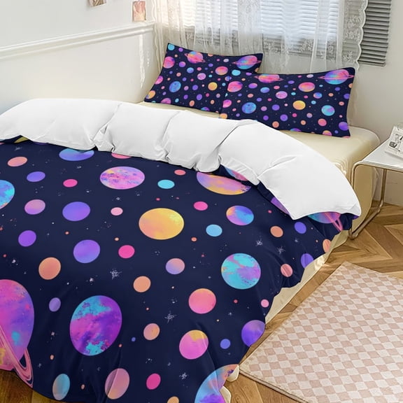 Colorful Space Planets Pattern Duvet Cover Set Themed Multicolor Polyester Bedding Set for Bedroom Decoration