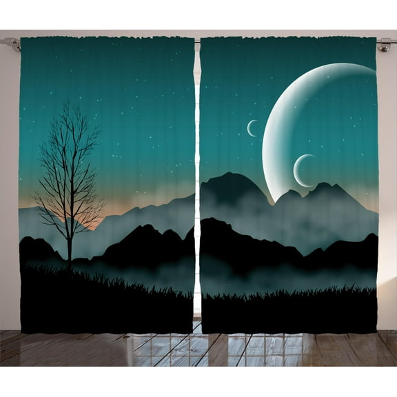 Ambesonne Space Curtains 2 Panel Set, Night Sky on Mountain, 108" x 90", Teal Black