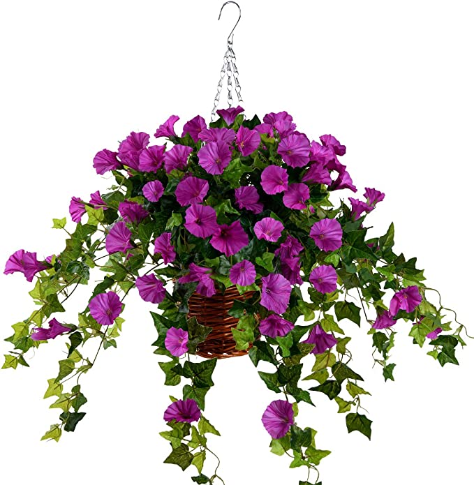 Artificial Hanging Flowers in Basket,Lvy Basket with Artificial Morning