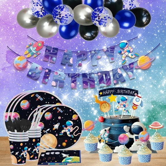 Space Party Decorations - Outer Space Party Decor With Balloons, Banner, Plates, Cups, Straw, Cake Topper, Tablecloth, Plates, Napkins, Tableware Utensils For Galaxy Party, Serves 16 (Space)