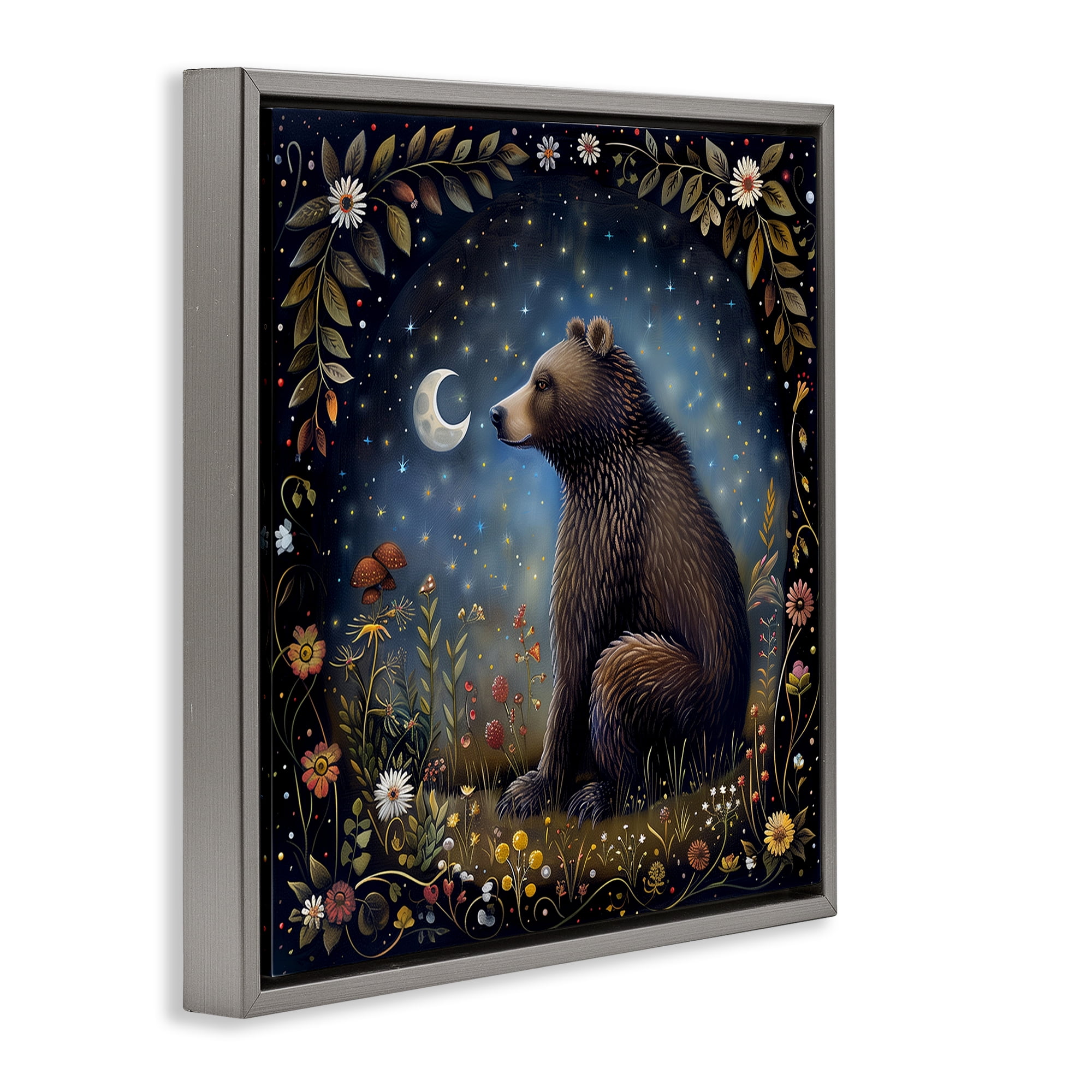 Stupell Industries Woodland Bear Night Forest Animals Painting Gray Floater Framed Canvas Art Print Wall Art, 25 x 25