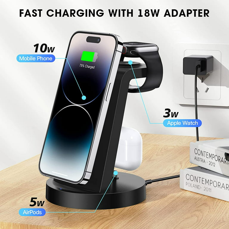 3 in 1 Charging Station for iPhone, Wireless Charger for iPhone 15 14 13 12  11 X Pro Max & for Apple Watch - Charging Stand Dock for AirPods 
