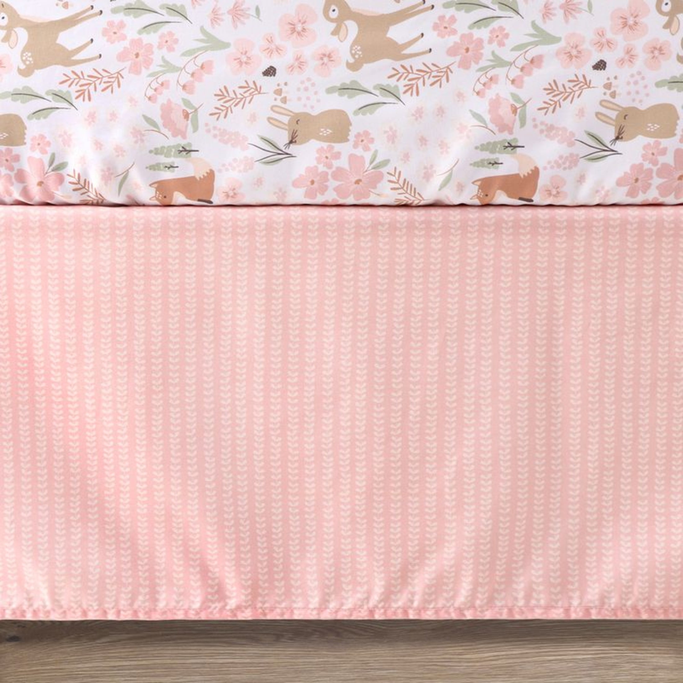The Peanutshell Pink and White Fairytale Forest Crib Bedding Set for Baby Girls, 3 Piece Nursery Set
