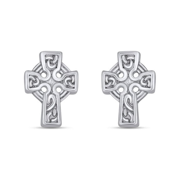 AFFY 14k White Gold Over Sterling Silver Plain Metal Celtic Faith Cross Stud Earrings For Womens