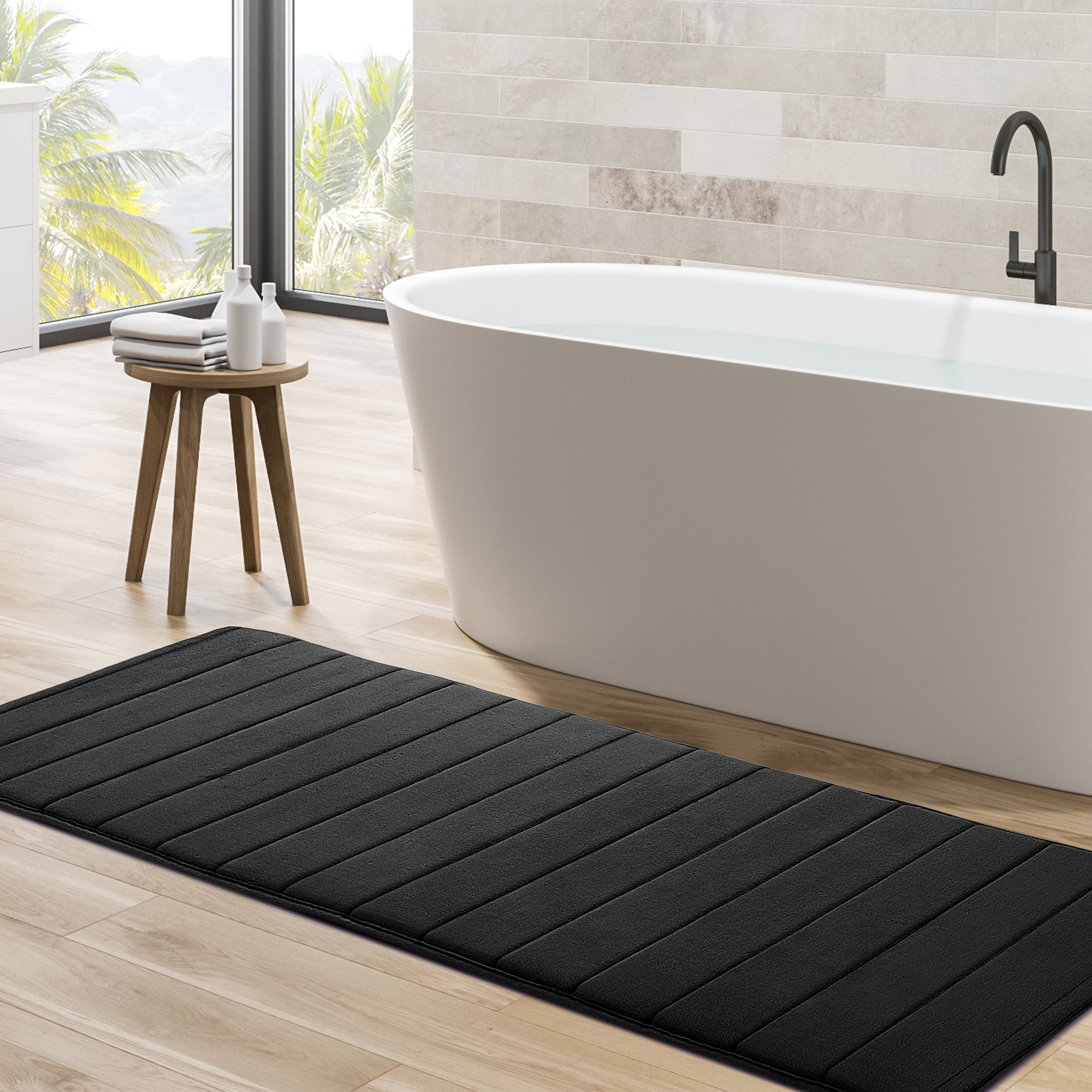 PiccoCasa Absorbent Memory Foam Bath Mat Bath Runner Rug, Black 16" x 47"