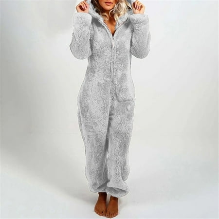 

Dtydtpe jackets for women fleece jacket women Women Long Sleeve Hooded Jumpsuit Pajamas Casual Winter Warm Rompe Sleepwear winter coats for women Silver