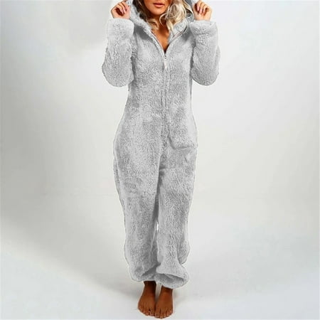 

FZM Women Long Sleeve Hooded Jumpsuit Pajamas Casual Winter Warm Rompe Sleepwear