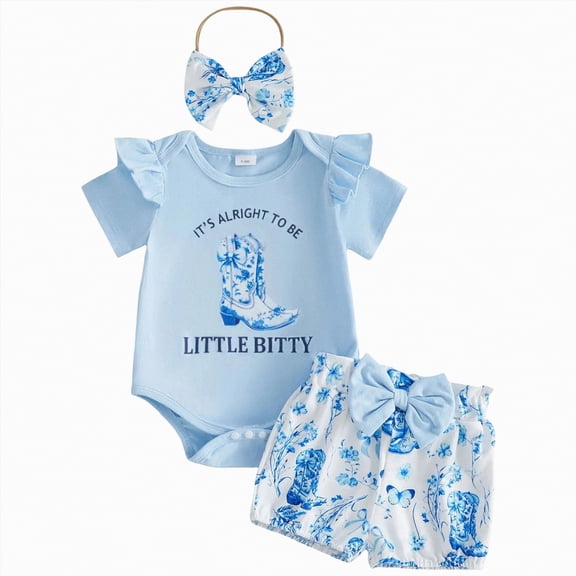 Xyant Western Baby Girl Summer Outfit Short Sleeve New Cowgirl in Town Romper Boots Print Shorts Set Newborn Cowgirl Clothes (Sky Blue,3-6 Months)