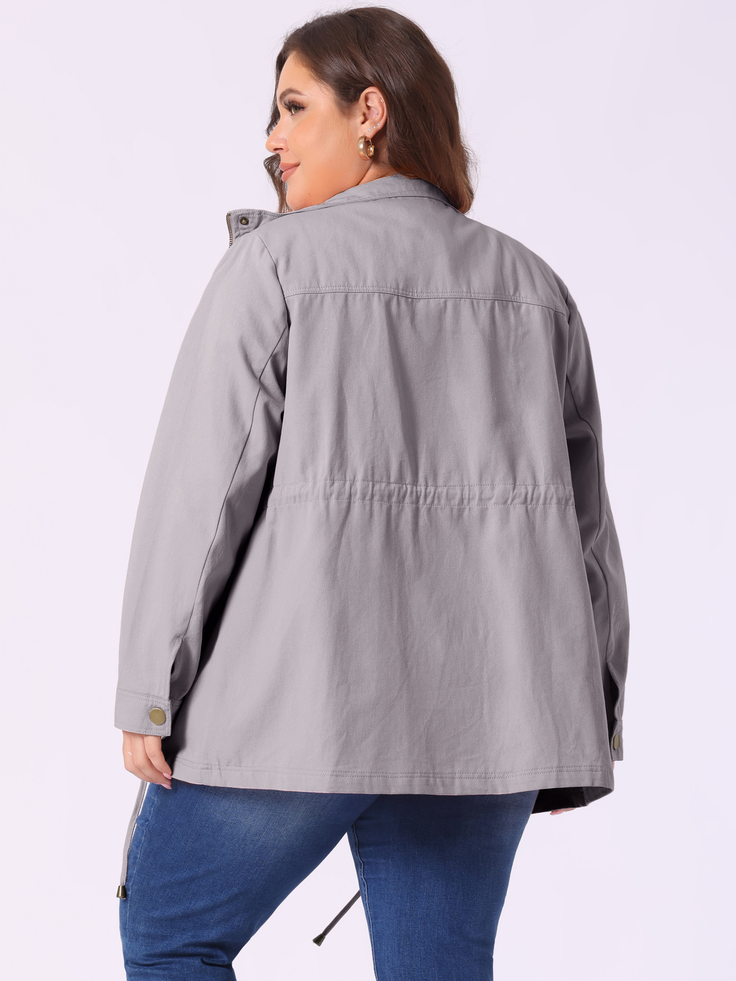 DARING DIVA Women's Plus Size Drawstring Waist Zip-up Utility Jacket 2X Light Grey