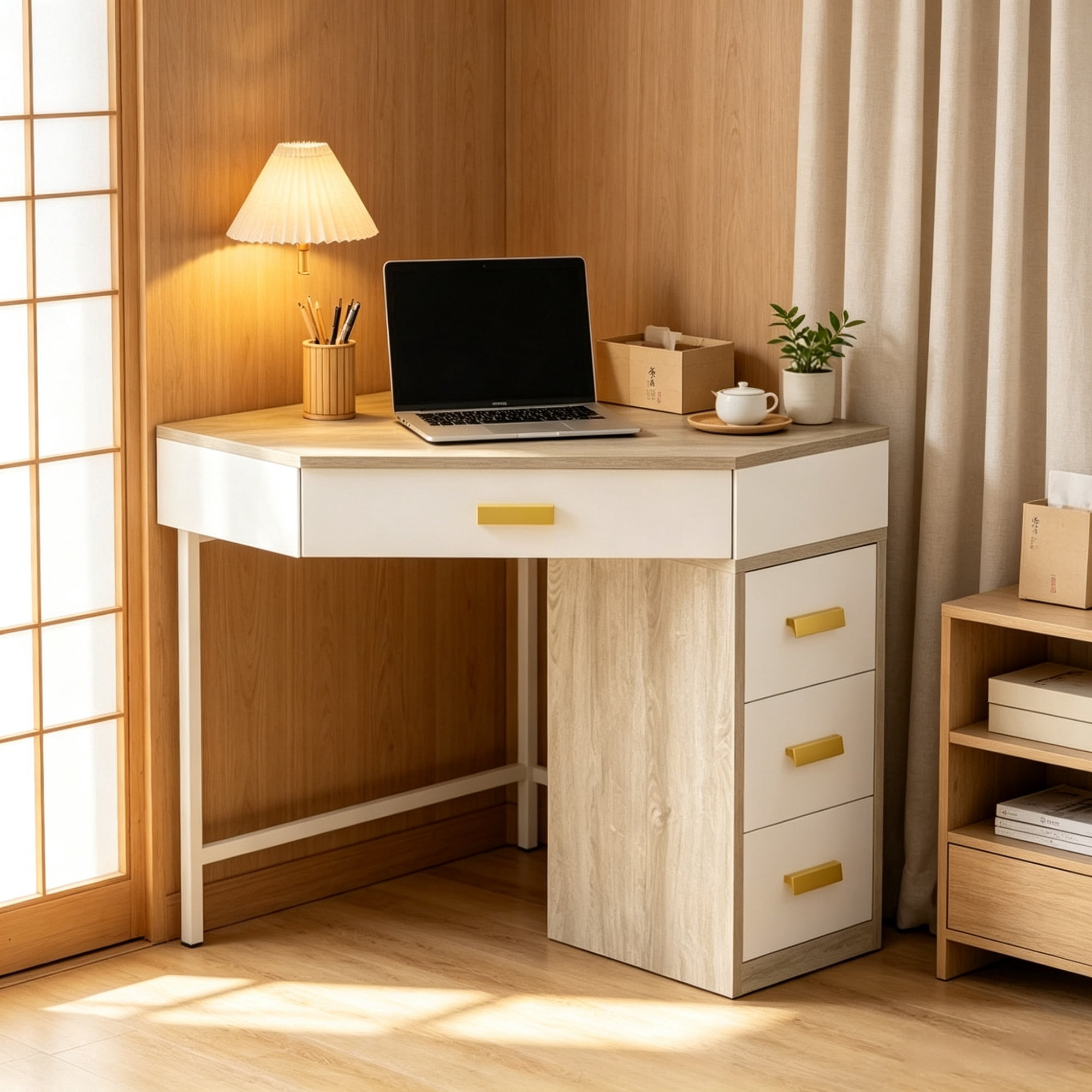 Triangle Corner Desk with 3 Drawers, Space-Saving Computer Desk & Makeup Vanity, Compact L-Shape Workstation for Small Spaces