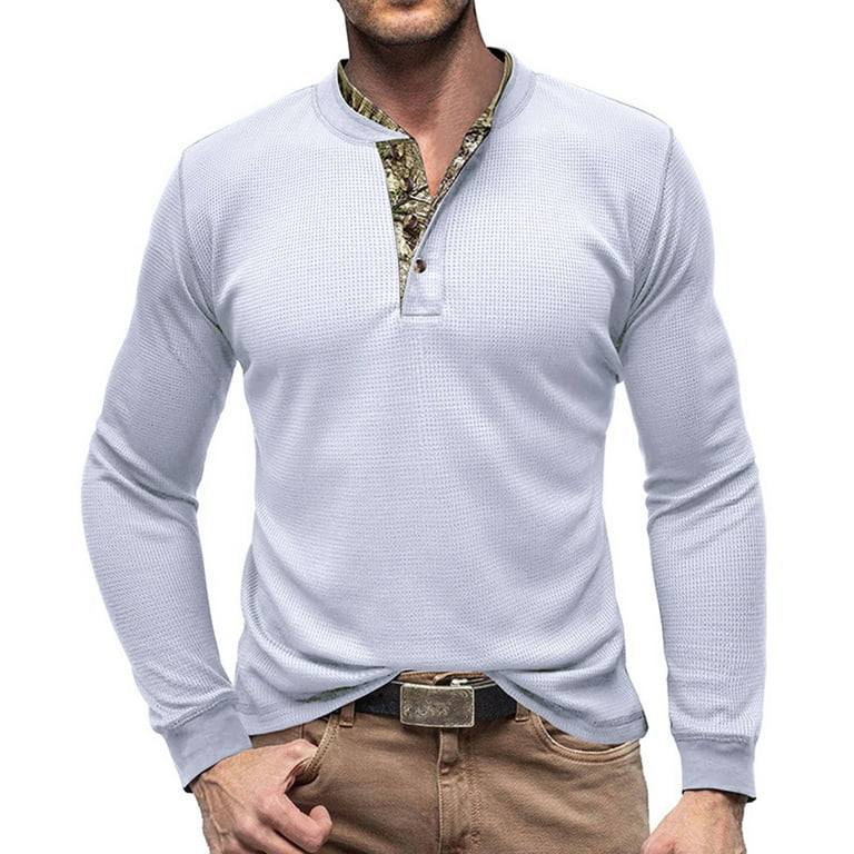 Men's Muscle T Shirts Waffle Casual Button V Neck Long Sleeve Tees Shirts  Moisture Wicking Stretch Slim Fit Basic Workout Cotton Shirts