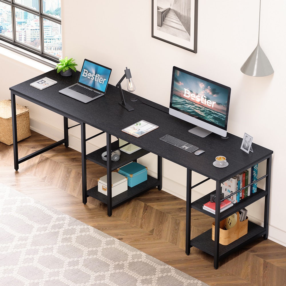 Bestier 86.6 inch L Shaped Desk with Shelves 2 Person Long Table Black - image 3 of 9