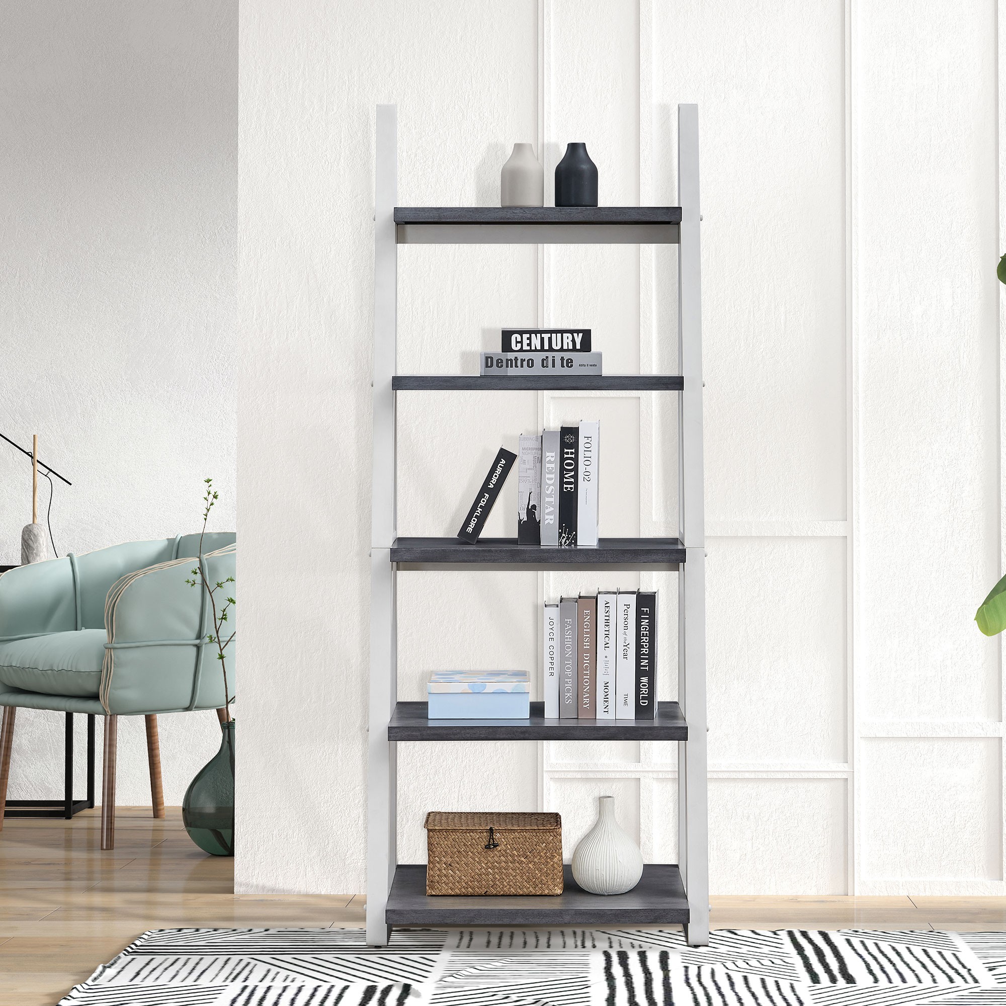 5-Tier Bookshelf,Modern Ladder Bookcase,5 Shelves Storage Rack Ladder Shelf for Living Room, Home Office,White