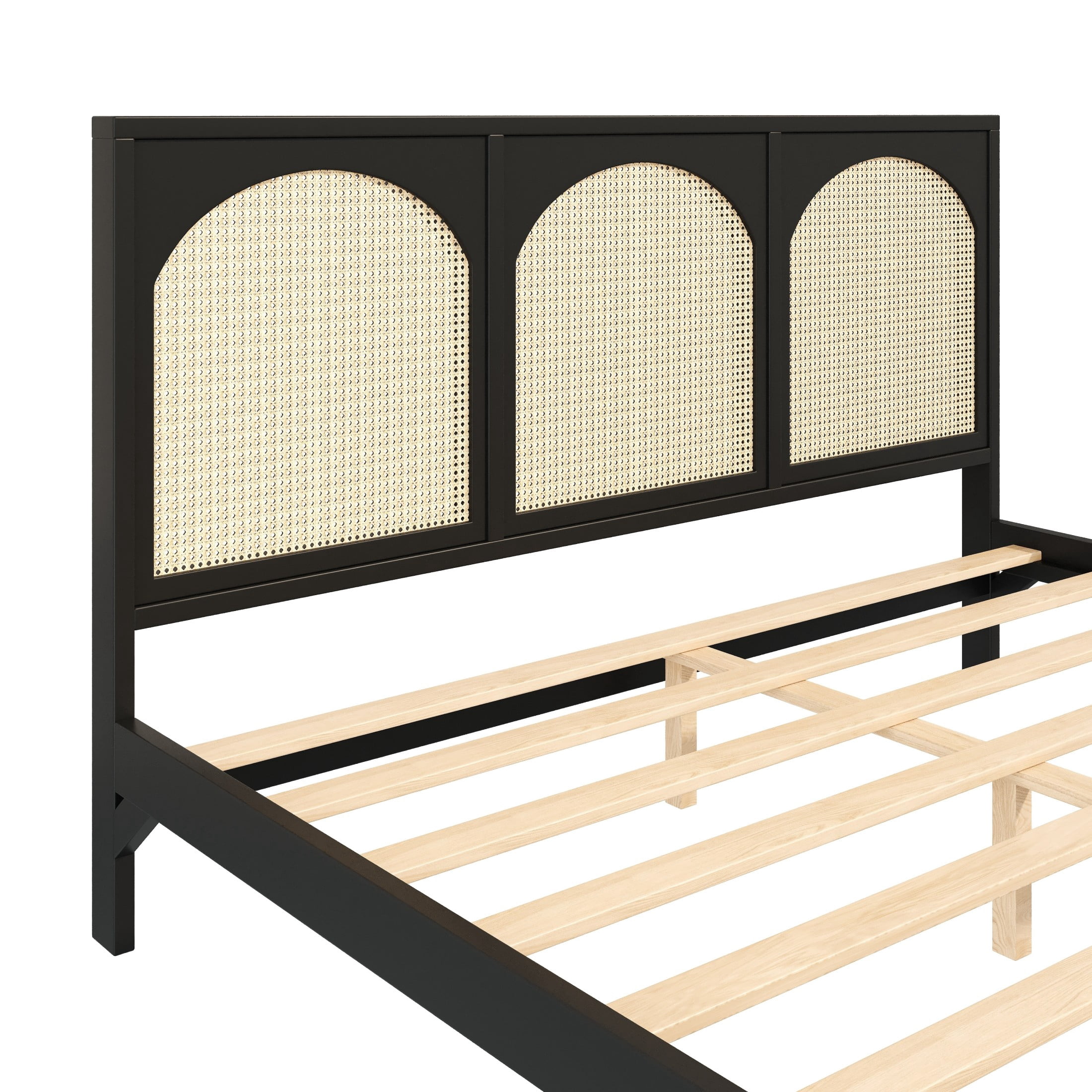 Noble House Driscoll King Size Wood Platform Bed with Rattan Headboard & Footboard, Modern Bed Frame, Black