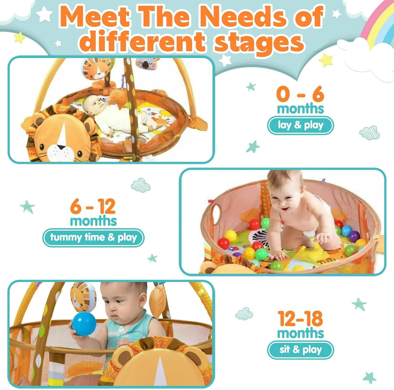 4-in-1 Baby Play Gym Mat - Infant Activity Center with Ball Pit, Tummy Time Play Mat & Safe Mesh for Ages 0-3 | Includes 4 Hanging Toys & 30 Balls | Soft, Washable, & Easy to Store