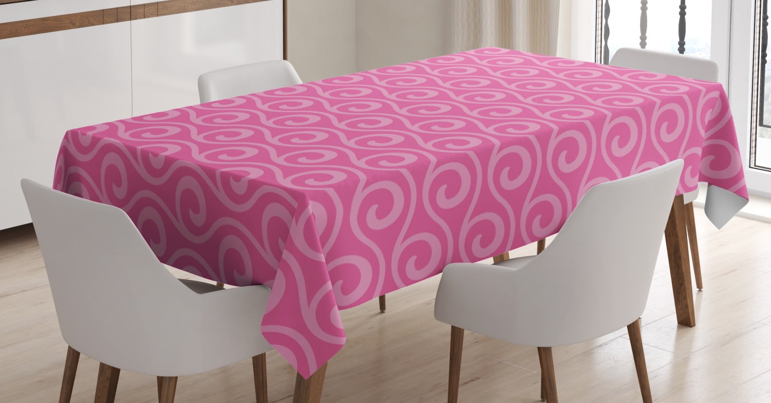 Hot Pink Tablecloth, Ocean Waves Inspired Abstract Fantasy Pattern with Horizontal Curves and
