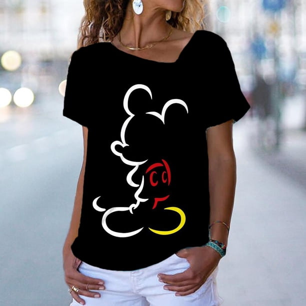Women Disney Mickey Mouse Minnie 3D Print T-Shirt Loose Short Sleeve T-Shirt Top Fashion Ladies Boho V-neck 3D T-shirt XS-5XLXXL Gao Jinjia LED
