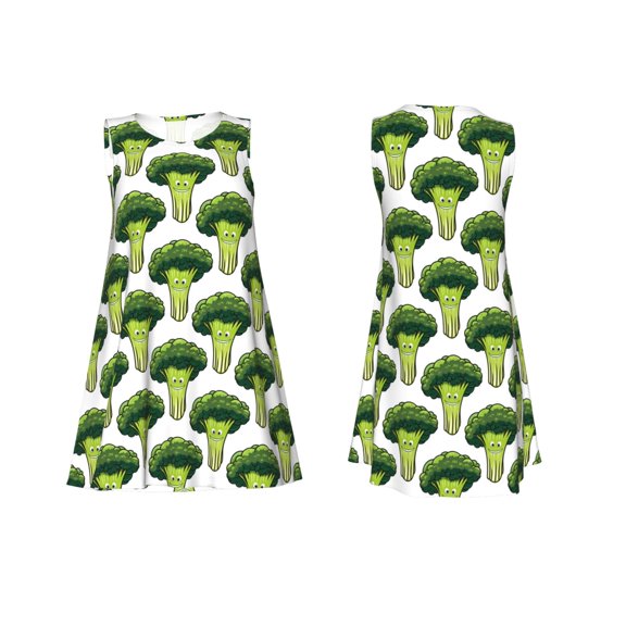Horeoi Cute Broccoli Print Women's Sleeveless Dress Cotton-like Flared Hem Deep Side Pockets Above-Knee