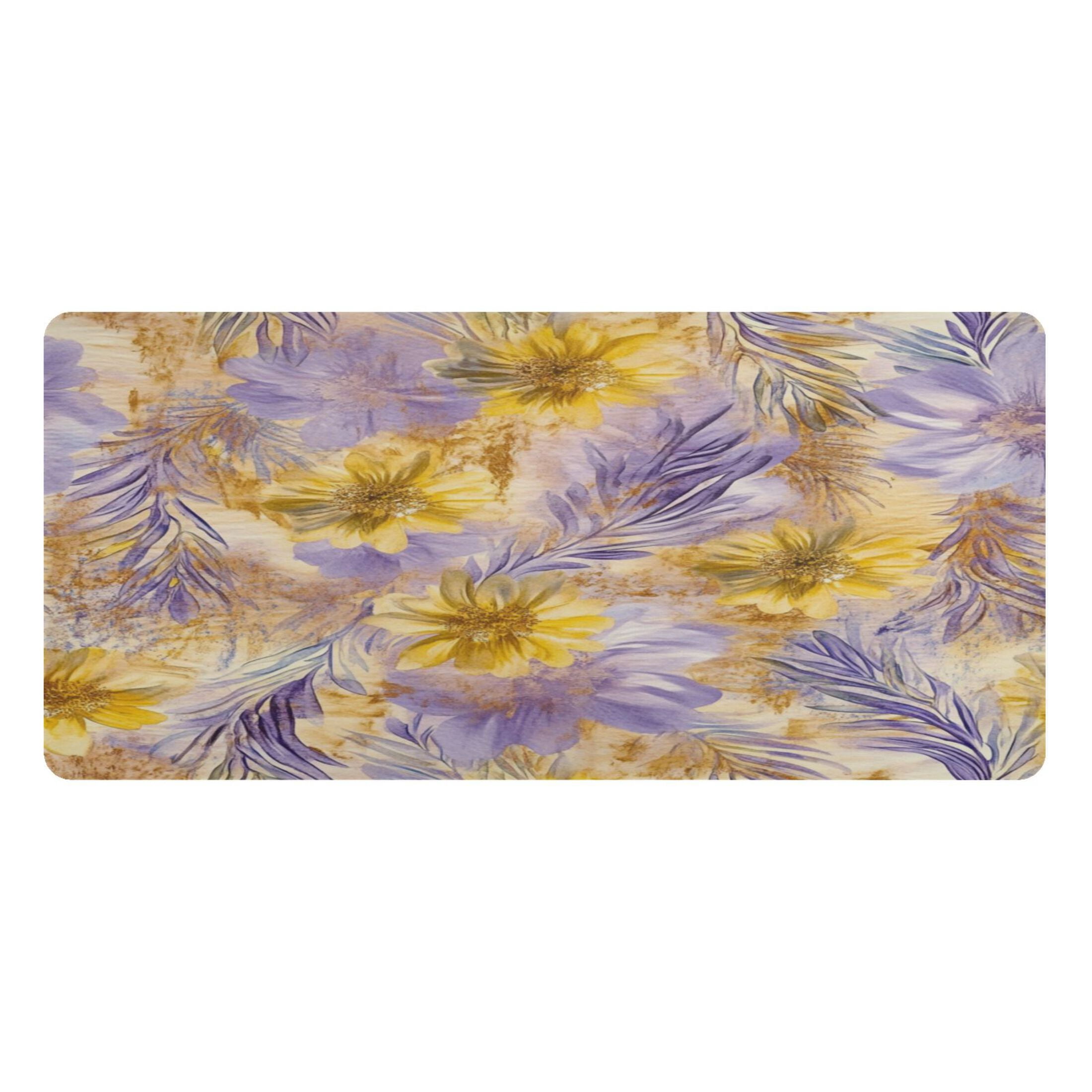 Leather Keyboard and Mouse Desk Mat Office Desk Accessories Protective Office Desk Decor Desk Pad Mat for Gaming, Work from Home, Office Yellow and Lavender Flowers 16.5" x 35.4"