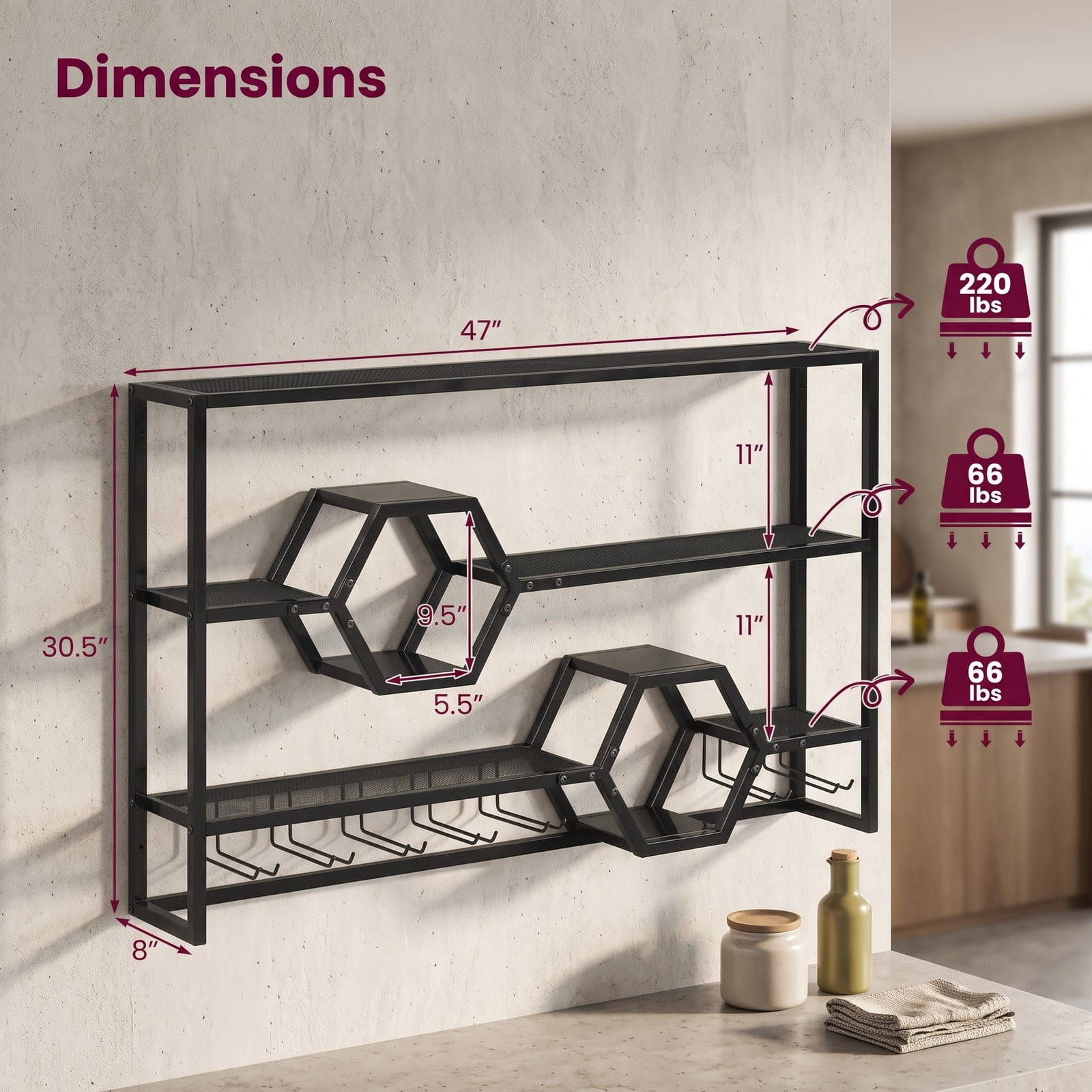 RUIE 47 Inch Wall Mounted Wine Rack, Large Floating Bar Shelves with Glass Holder, Metal Hanging Wine Bottle Storage Organizer for Kitchen Dining Room Bar, Black