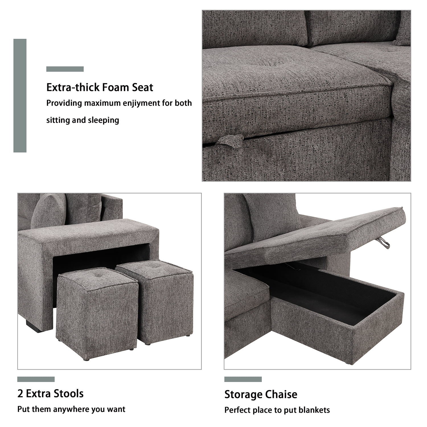 Kadyn 104" Modern L-Shape 3 Seat Reversible Sectional Couch, Pull Out Sleeper Sofa with 2 Stools, Sofa reclining chair with storage space for Living Room, Knox Charcoal Kadyn 104" Modern L-Shape 3 Seat Reversible Sectional Couch, Pull Out Sleeper Sofa with 2 Stools, Sofa reclining chair with storage space for Living Room, Knox Charcoal