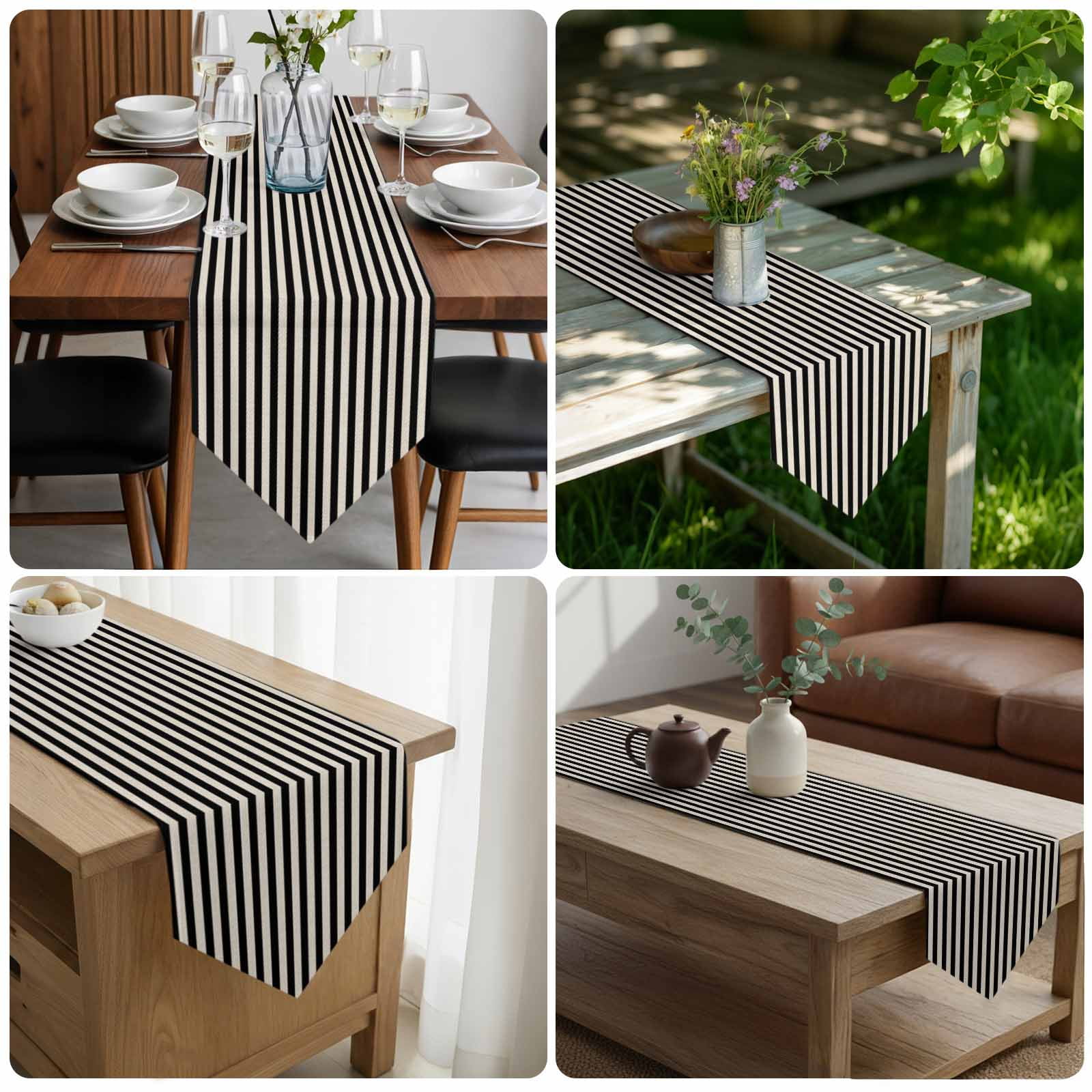 Black Striped Table Runner Linen Burlap Table Runner 90 Inches Long Modern Simple Farmhouse Beige Vintage Dresser Scarves for Kitchen Island Coffee Dining Room Party Wedding Holiday Decor 13"x90"