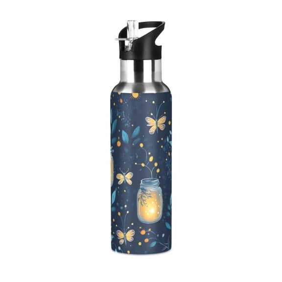 Yayeee 20oz Insulated Water Bottle Double Wall Stainless Steel with Flip Straw Lid, Blue Fireflies Pattern