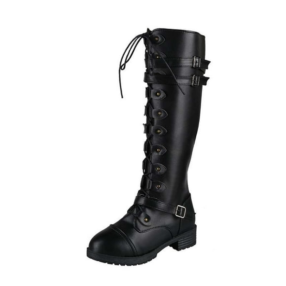 Penkiiy Chunky Heel Boots for Women Knee Boots Lace-up Gothic Vintage Punk Buckle Military Combat Boot Shoes Knee-High Boots 35 Black