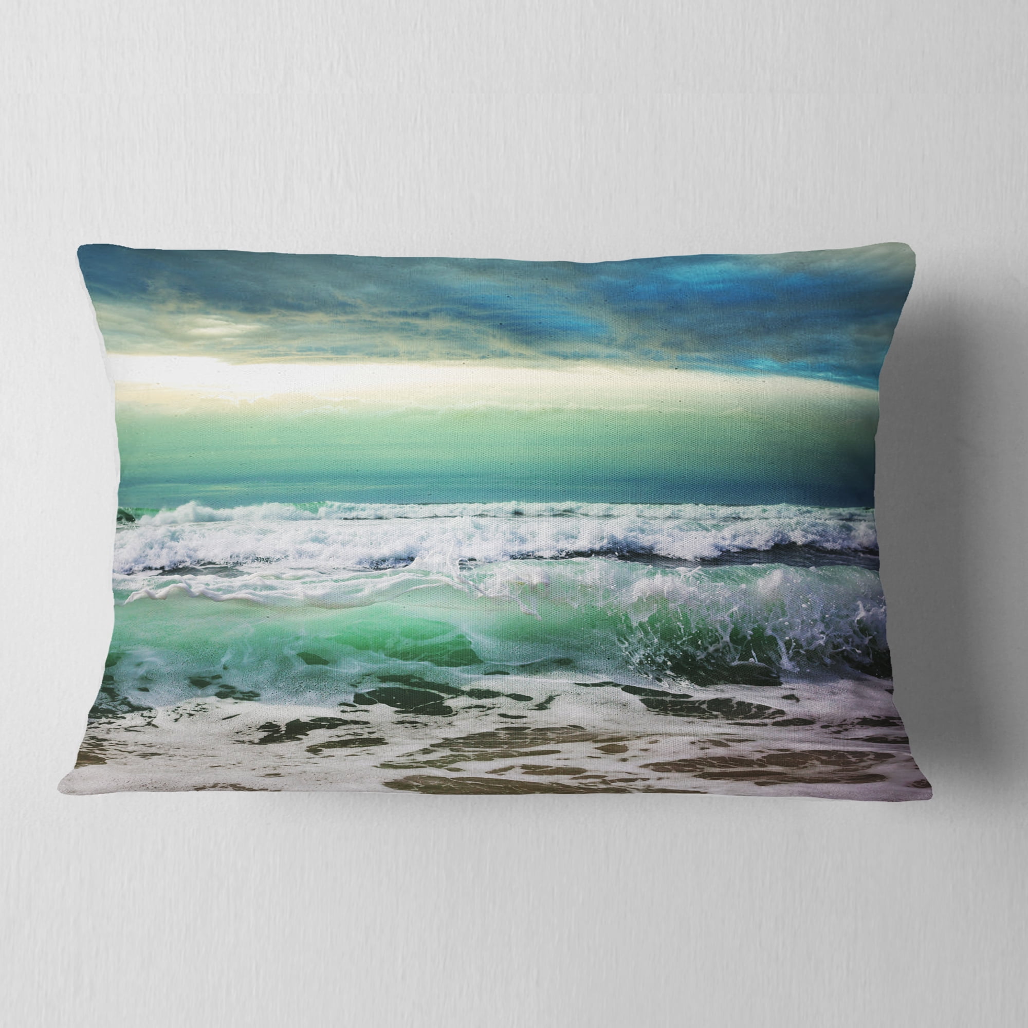 Designart Green Foaming Waves and Blue Sky - Seashore Throw Pillow - 12x20
