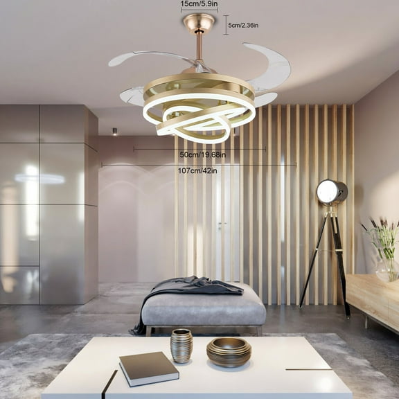 42" Gold Ceiling Fan Light LED Lamp Retractable Blade 3-Color Chandelier Remote Control